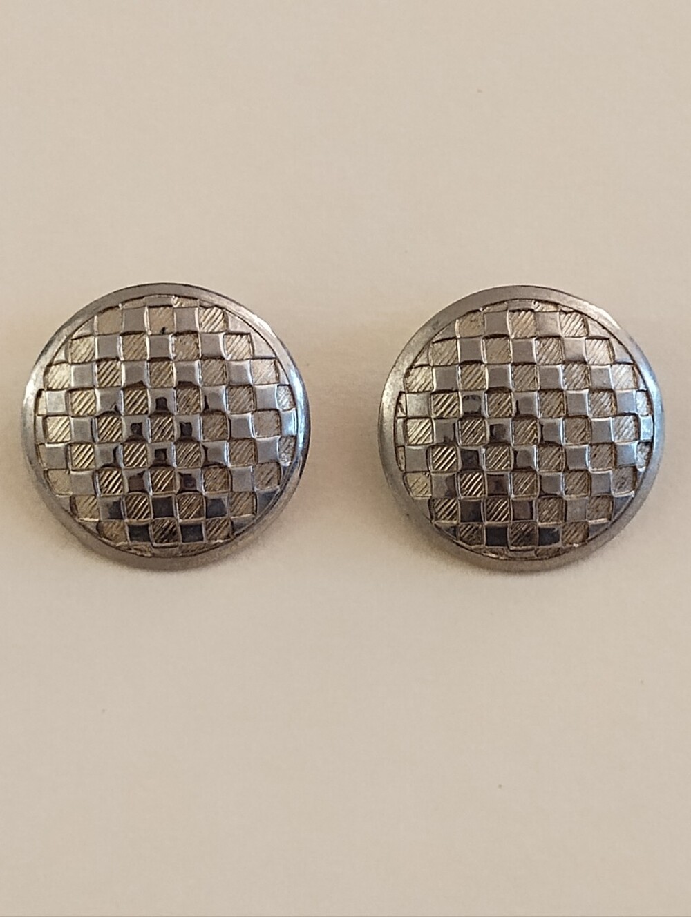 Vintage Coro Silver Tone Checkered Pattern Flat Button Clip On Earrings